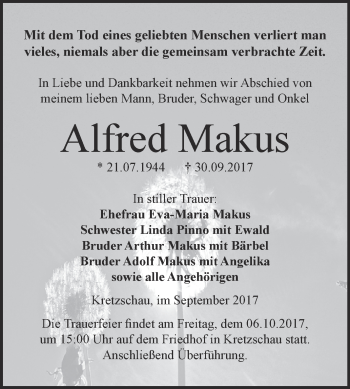 Traueranzeige von Alfred Makus von Super Sonntag Zeitz