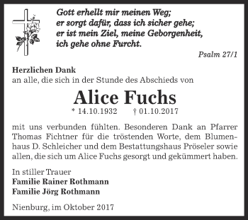 Traueranzeige von Alice Fuchs von Super Sonntag Bernburg