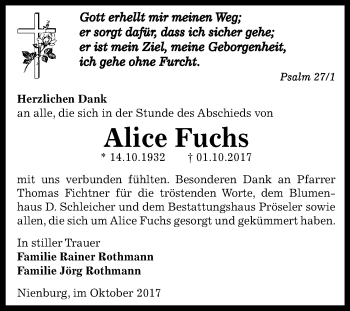 Traueranzeige von Alice Fuchs von Mitteldeutsche Zeitung Bernburg