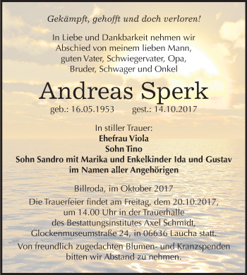 Traueranzeige von Andreas Sperk von Mitteldeutsche Zeitung