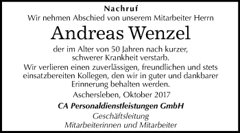 Traueranzeige von Andreas Wenzel von Mitteldeutsche Zeitung Aschersleben
