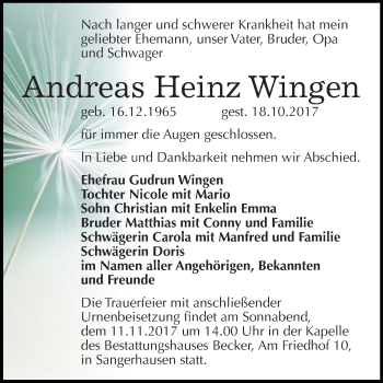 Traueranzeige von Andreas Heinz Wingen von Super Sonntag SGH Mansf. Land