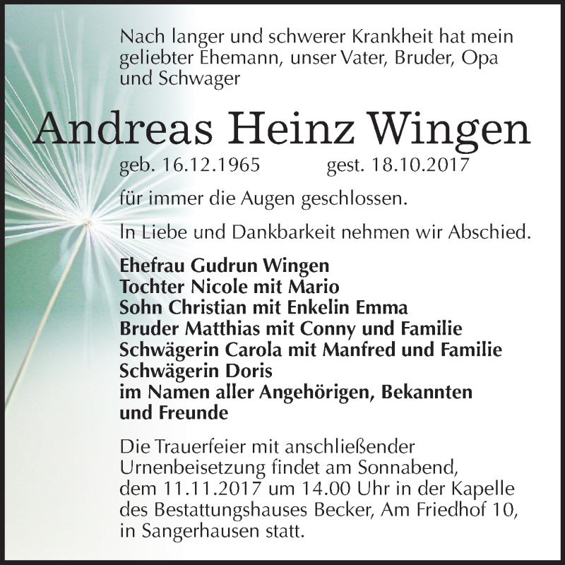  Traueranzeige für Andreas Heinz Wingen vom 28.10.2017 aus Mitteldeutsche Zeitung