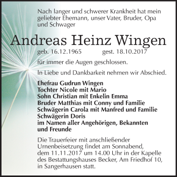 Traueranzeige von Andreas Heinz Wingen von Mitteldeutsche Zeitung