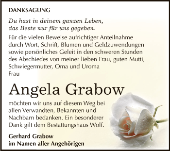 Traueranzeige von Angela Grabow von WVG - Wochenspiegel NMB / WSF / ZTZ