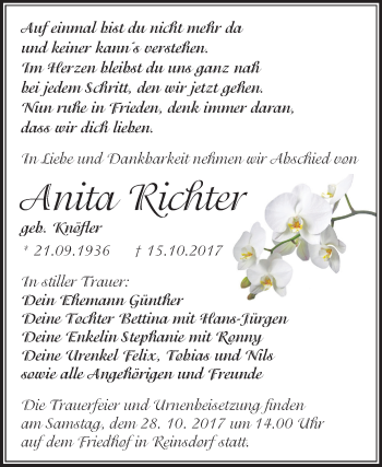 Traueranzeige von Anita Richter von Mitteldeutsche Zeitung Köthen