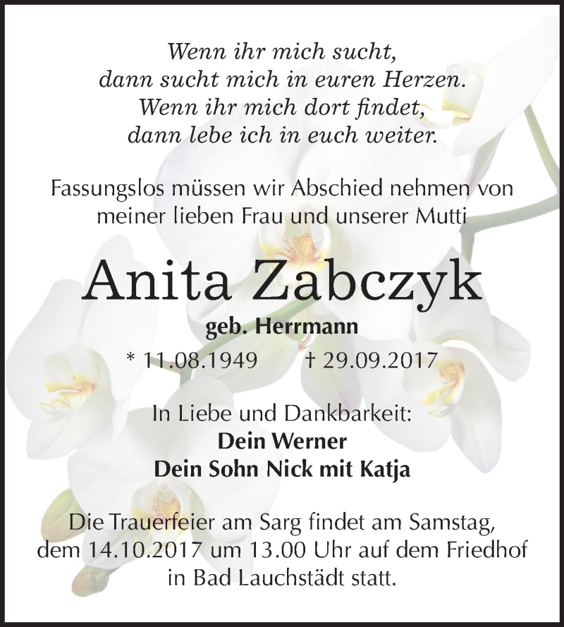  Traueranzeige für Anita Zabczyk vom 07.10.2017 aus Mitteldeutsche Zeitung