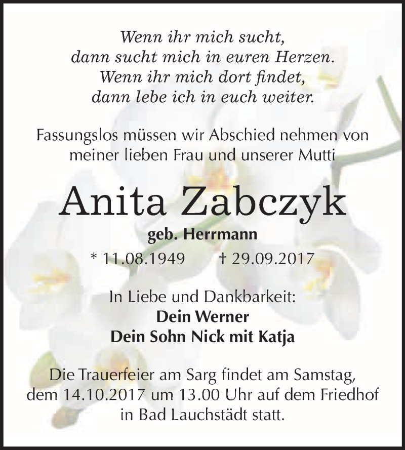  Traueranzeige für Anita Zabczyk vom 07.10.2017 aus WVG - Wochenspiegel Merseburg