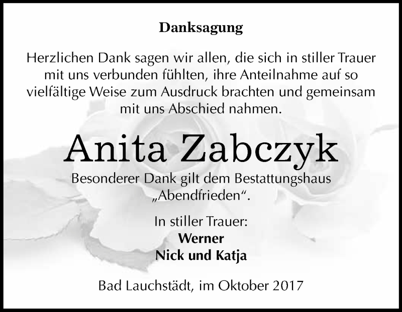 Traueranzeige für Anita Zabczyk vom 28.10.2017 aus WVG - Wochenspiegel Merseburg
