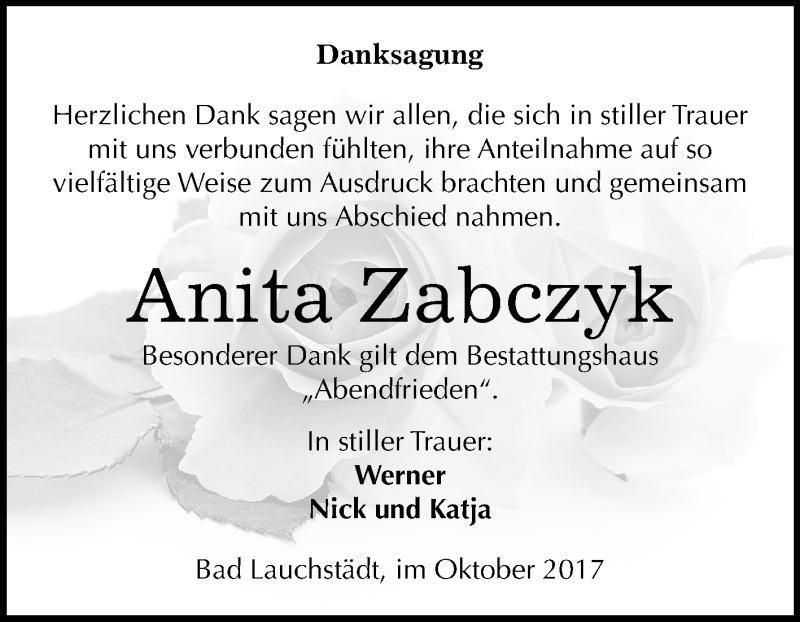  Traueranzeige für Anita Zabczyk vom 28.10.2017 aus Mitteldeutsche Zeitung