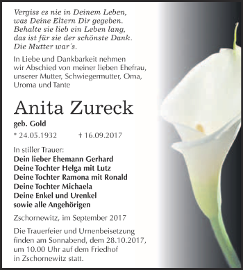 Traueranzeige von Anita Zureck von WVG - Wochenspiegel Wittenberg
