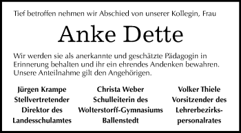 Traueranzeige von Anke Dette von Mitteldeutsche Zeitung Quedlinburg