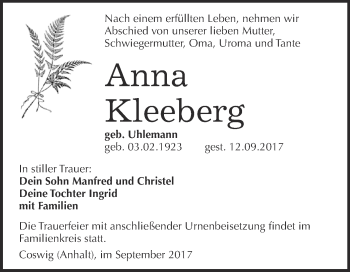 Traueranzeige von Anna Kleeberg von Super Sonntag Wittenberg