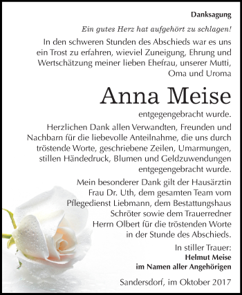 Traueranzeige von Anna Meise von Mitteldeutsche Zeitung Bitterfeld