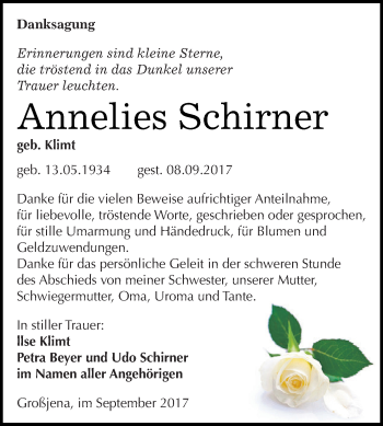 Traueranzeige von Annelies Schirner von WVG - Wochenspiegel NMB / WSF / ZTZ