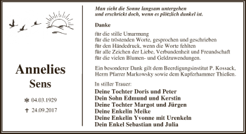Traueranzeige von Annelies Sens von WVG - Wochenspiegel Dessau / Köthen