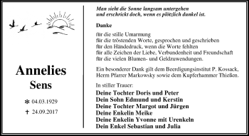 Traueranzeige von Annelies Sens von Mitteldeutsche Zeitung Dessau-Roßlau