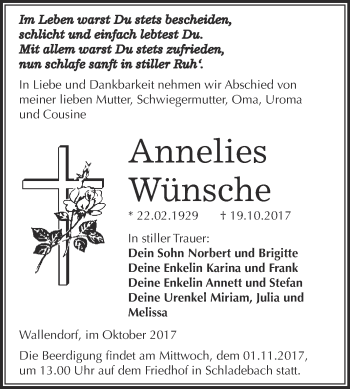 Traueranzeige von Annelies Wünsche von Super Sonntag Merseburg