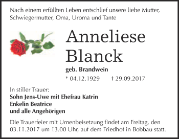 Traueranzeige von Anneliese Blanck von WVG - Wochenspiegel Bitterfeld