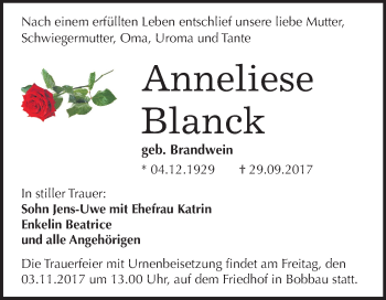 Traueranzeige von Anneliese Blanck von Mitteldeutsche Zeitung Bitterfeld