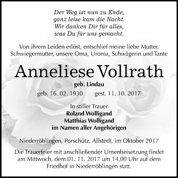 Traueranzeige von Anneliese Vollrath von Mitteldeutsche Zeitung Sangerhausen