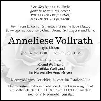 Traueranzeige von Anneliese Vollrath von Super Sonntag SGH Mansf. Land