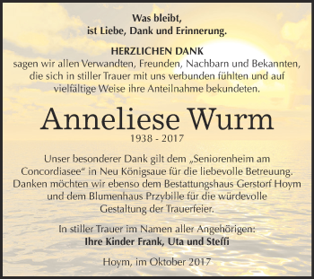 Traueranzeige von Anneliese Wurm von Super Sonntag Aschersleben