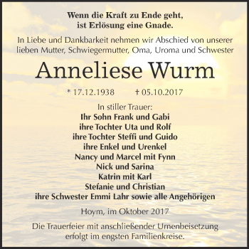 Traueranzeige von Anneliese Wurm von Super Sonntag Aschersleben