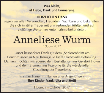 Traueranzeige von Anneliese Wurm von Mitteldeutsche Zeitung Aschersleben