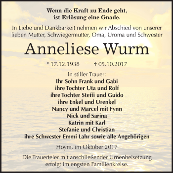 Traueranzeige von Anneliese Wurm von Mitteldeutsche Zeitung Aschersleben