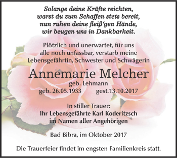 Traueranzeige von Annemarie Melcher von WVG - Wochenspiegel NMB / WSF / ZTZ