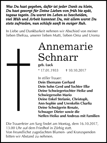 Traueranzeige von Annemarie Schnarr von Mitteldeutsche Zeitung Bitterfeld