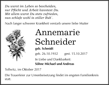 Traueranzeige von Annemarie Schneider von Mitteldeutsche Zeitung Merseburg/Querfurt