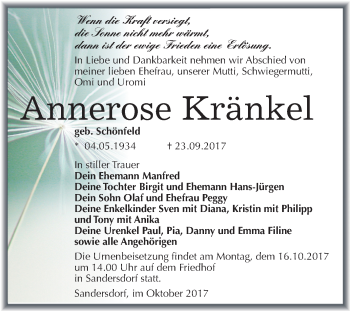 Traueranzeige von Annerose Kränkel von Mitteldeutsche Zeitung Bitterfeld