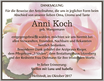 Traueranzeige von Anni Koch von Wochenspiegel Mansfelder Land