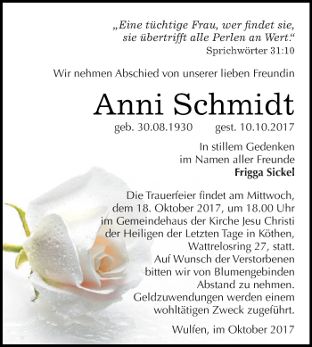 Traueranzeige von Anni Schmidt von WVG - Wochenspiegel Dessau / Köthen