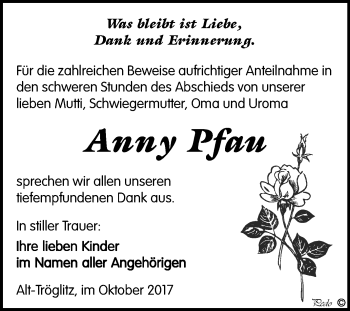 Traueranzeige von Anny Pfau von Mitteldeutsche Zeitung Zeitz