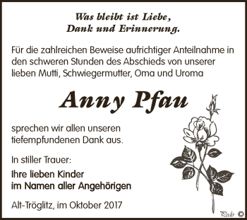 Traueranzeige von Anny Pfau von Super Sonntag Zeitz