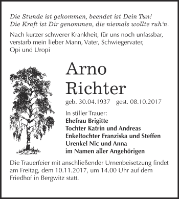 Traueranzeige von Arno Richter von WVG - Wochenspiegel Wittenberg