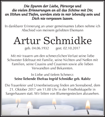Traueranzeige von Artur Schmidke von Mitteldeutsche Zeitung Sangerhausen