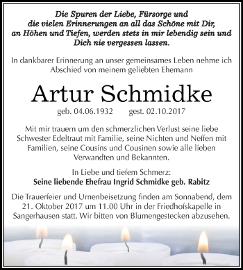 Traueranzeige von Artur Schmidke von Super Sonntag SGH Mansf. Land