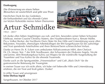 Traueranzeige von Artur Schmidke von Mitteldeutsche Zeitung Sangerhausen