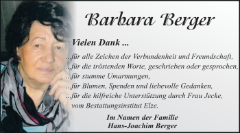 Traueranzeige von Barbara Berger von Mitteldeutsche Zeitung Dessau-Roßlau