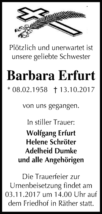 Traueranzeige von Barbara Erfurt von Mitteldeutsche Zeitung Halle/Saalkreis