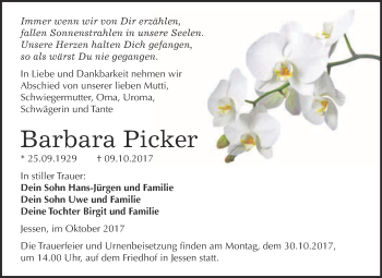 Traueranzeige von Barbara Picker von WVG - Wochenspiegel Wittenberg