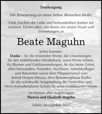 Traueranzeige von Beate Maguhn von WVG - Wochenspiegel Dessau / Köthen