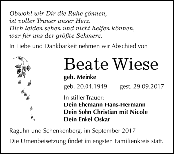 Traueranzeige von Beate Wiese von Mitteldeutsche Zeitung Bitterfeld