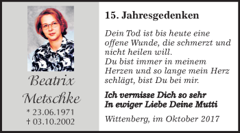 Traueranzeige von Beatrix Metschke von Mitteldeutsche Zeitung