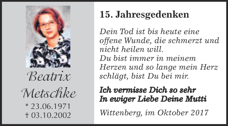  Traueranzeige für Beatrix Metschke vom 04.10.2017 aus Super Sonntag Wittenberg