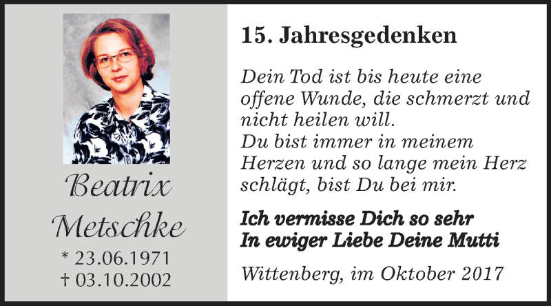  Traueranzeige für Beatrix Metschke vom 04.10.2017 aus Mitteldeutsche Zeitung
